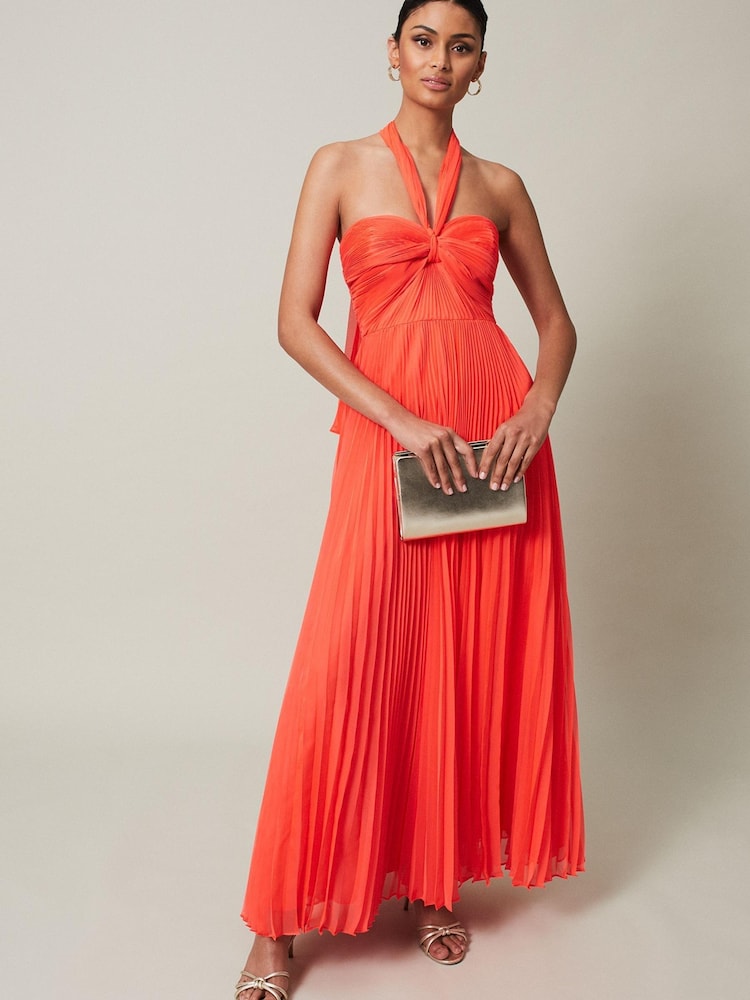 Phase Eight - Orange Evangeline Pleated Halterneck Maxi Dress (Size 10) - New