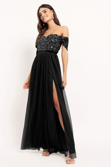 Maya - Black Bardot Delicate Sequin Tulle Maxi Dress with Split (Size 12) - New