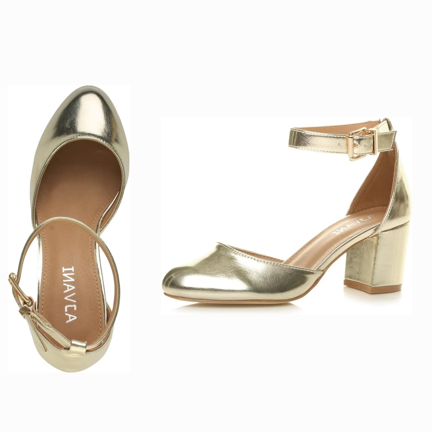 Ajvani - Gold Low Mid Block Heel Court Shoes With Ankle Straps - Size 5 - New