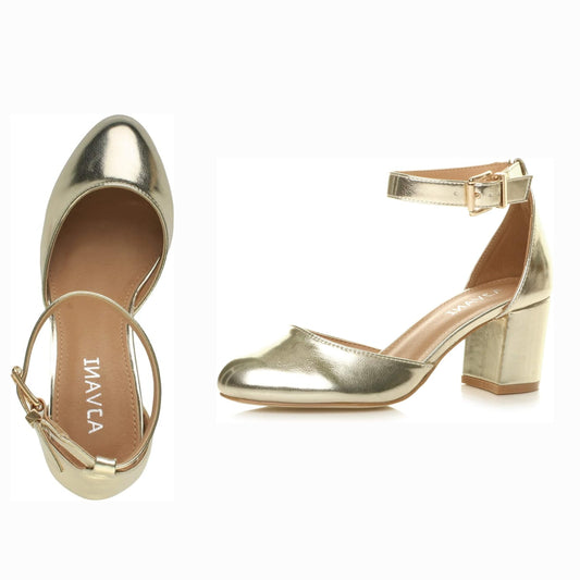 Ajvani - Gold Low Mid Block Heel Court Shoes With Ankle Straps - Size 5 - New