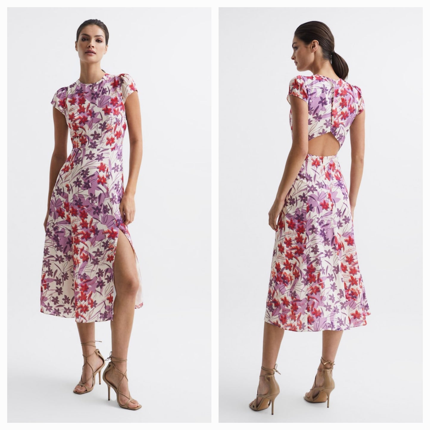 Reiss - Pink/Purple Livia Printed Cut Out Midi Dress (Size 10) - New