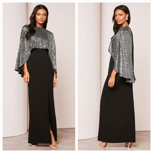 Lipsy - Black Sequin Cape Maxi Dress (Size 8) - New