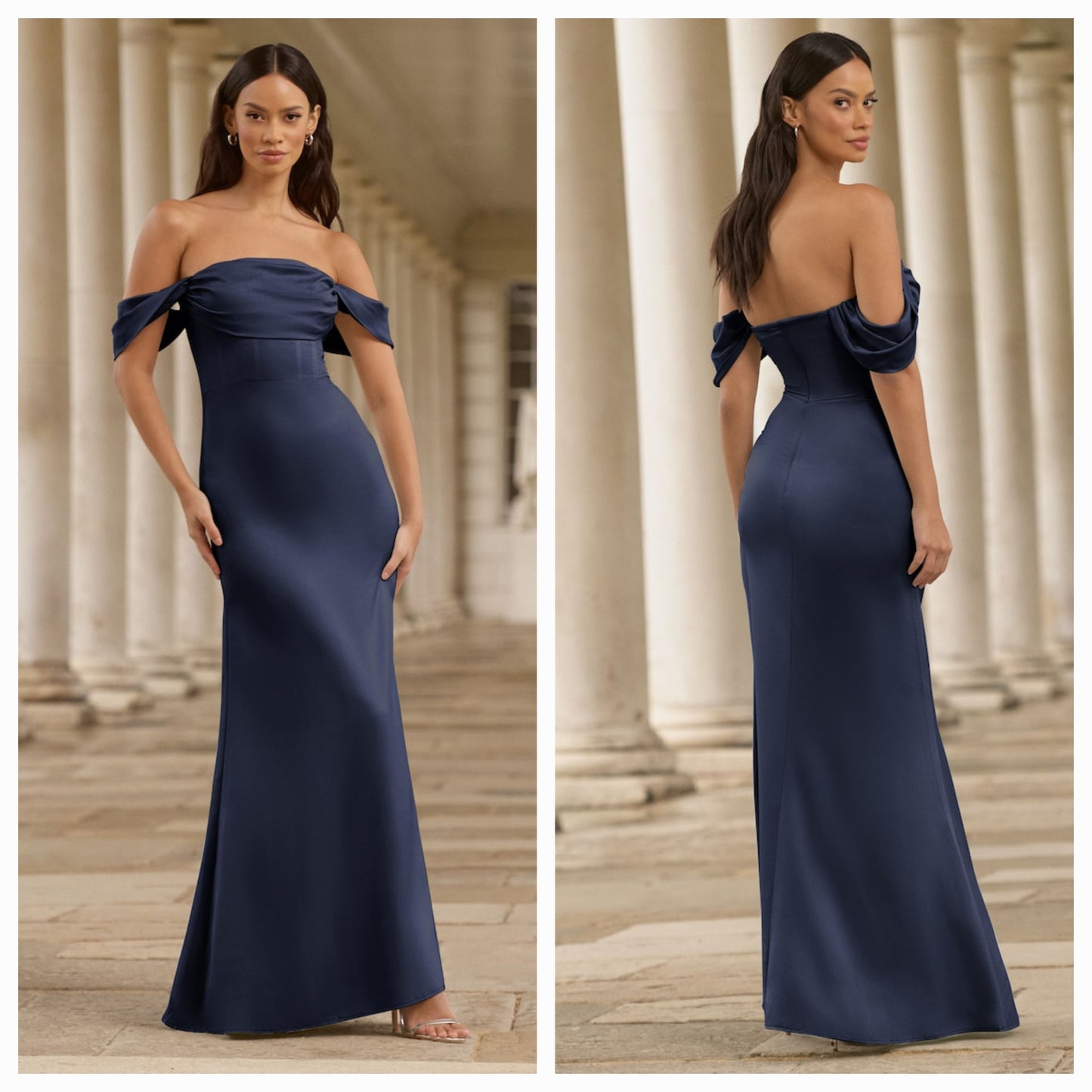 Lipsy - Navy Blue Satin Bardot Cowl Maxi Dress (Size 12) - New