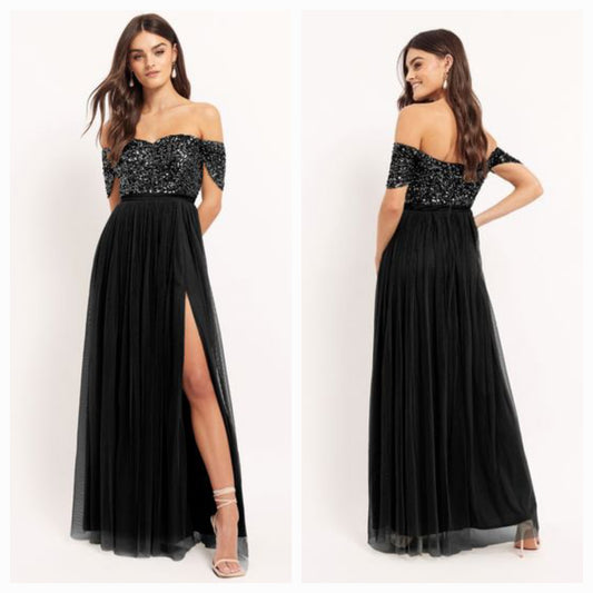 Maya - Black Bardot Delicate Sequin Tulle Maxi Dress with Split (Size 12) - New
