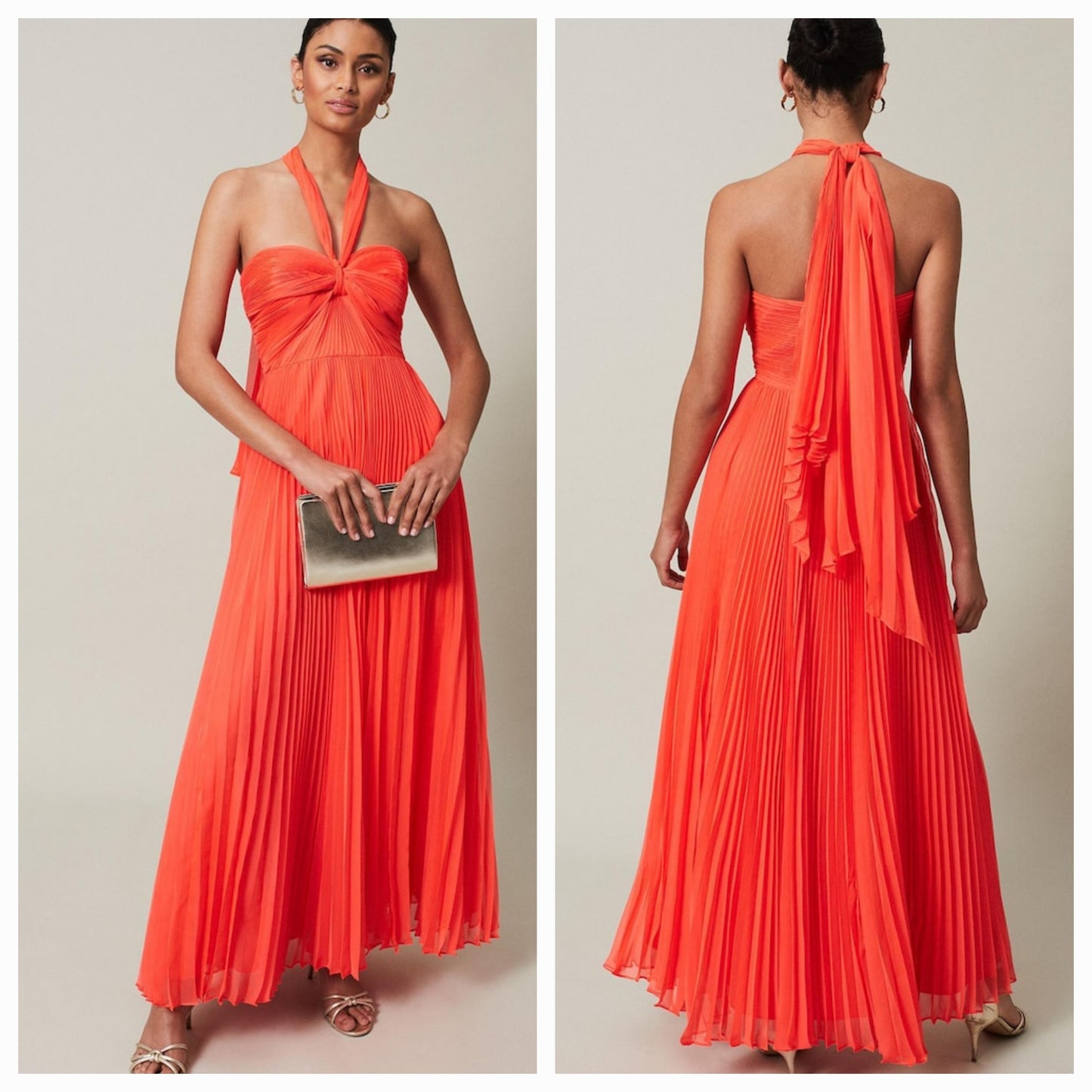 Phase Eight - Orange Evangeline Pleated Halterneck Maxi Dress (Size 10) - New