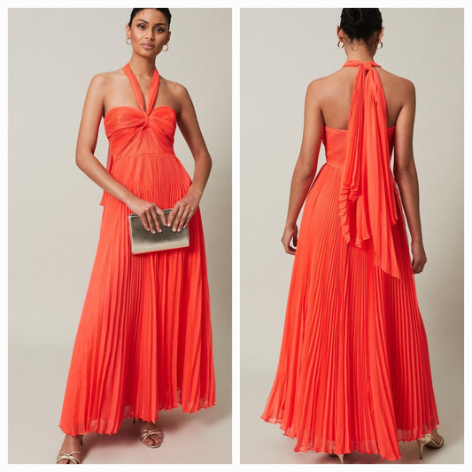 Phase Eight - Orange Evangeline Pleated Halterneck Maxi Dress (Size 10) - New