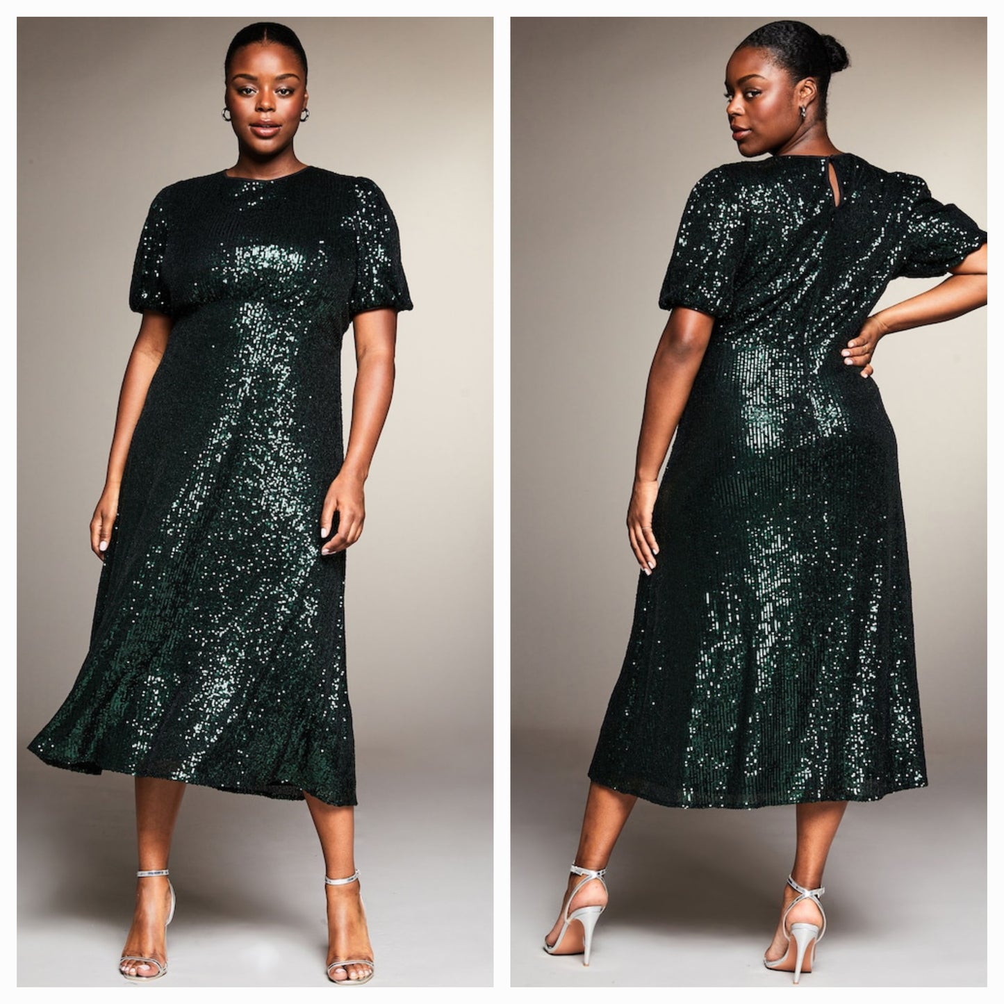 Lipsy - Green Short Sleeve Sequin Underbust Midi Dress (Size 12) - New