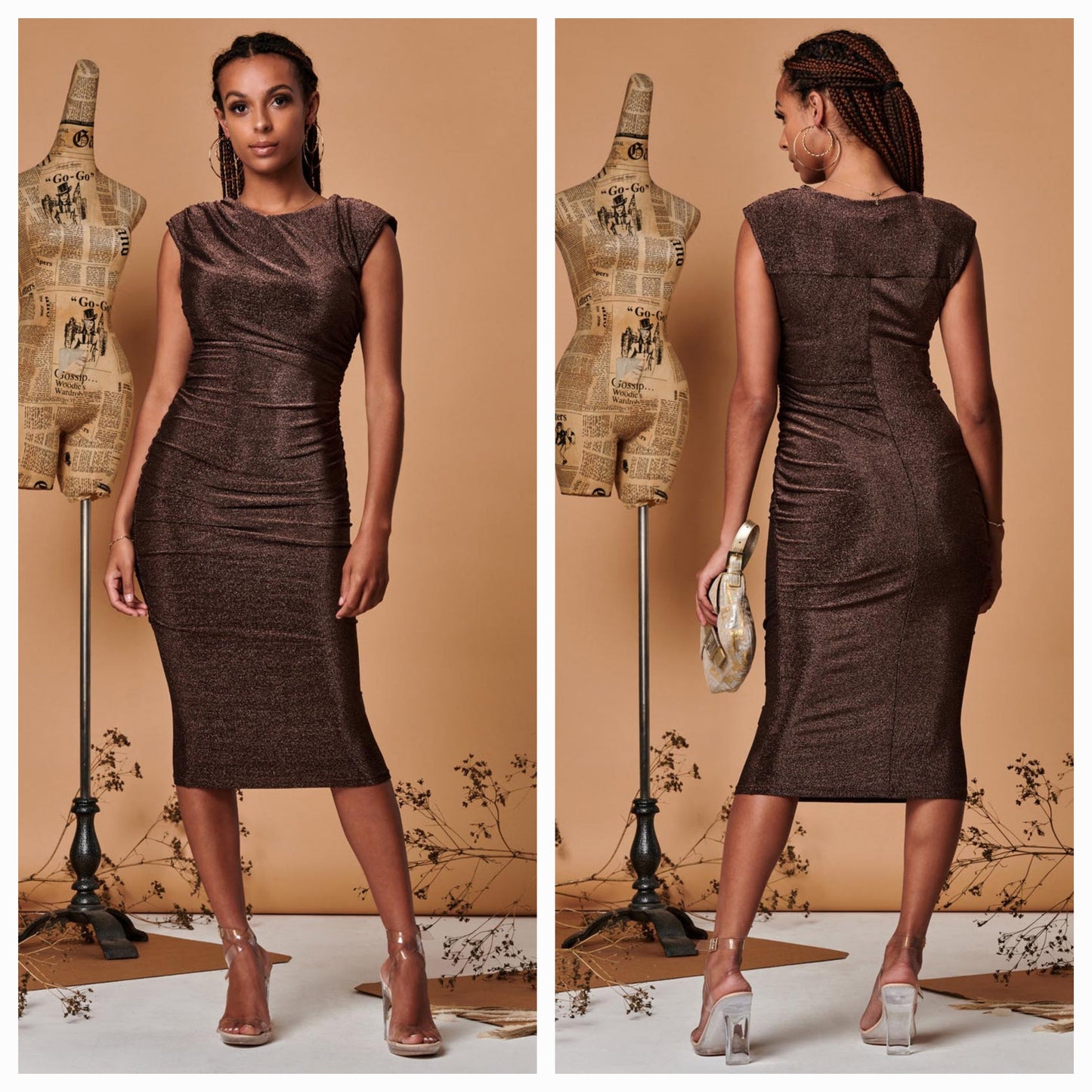 Jolie Moi - Bronze Metallic Sparkly Ruched Bodycon Dress (Size 10) - New