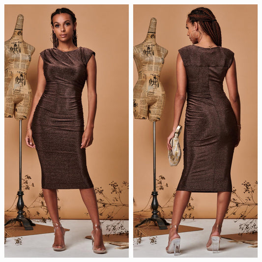 Jolie Moi - Bronze Metallic Sparkly Ruched Bodycon Dress (Size 10) - New