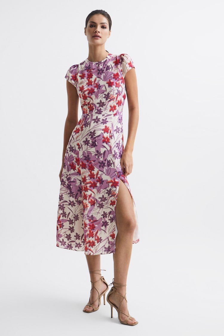 Reiss - Pink/Purple Livia Printed Cut Out Midi Dress (Size 10) - New