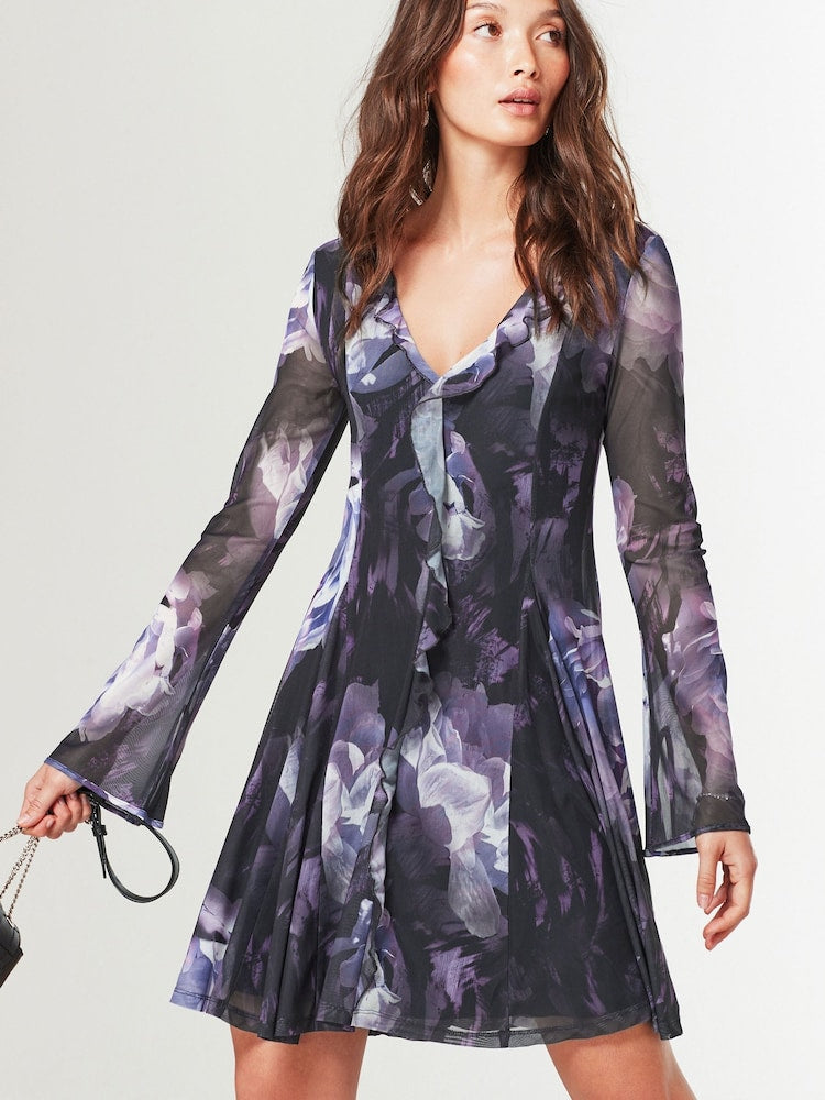 Next - Purple Ruffle Detail Mini Dress (Size 8) - New