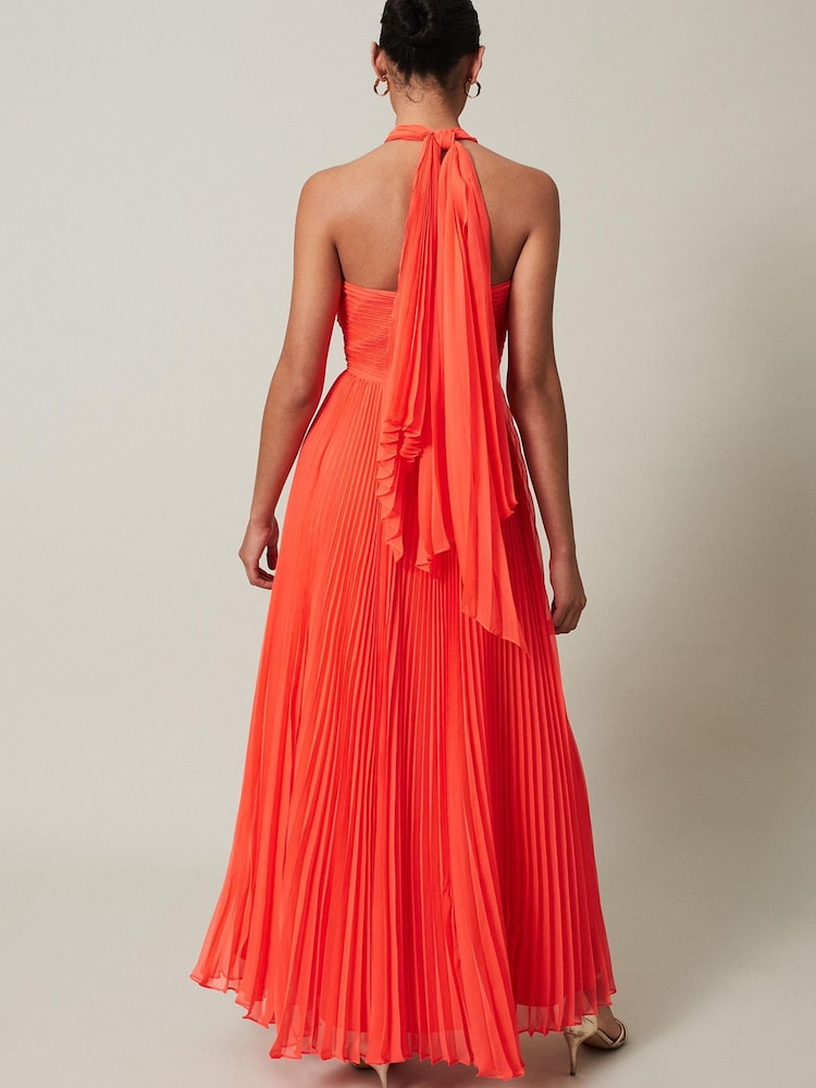 Phase Eight - Orange Evangeline Pleated Halterneck Maxi Dress (Size 10) - New