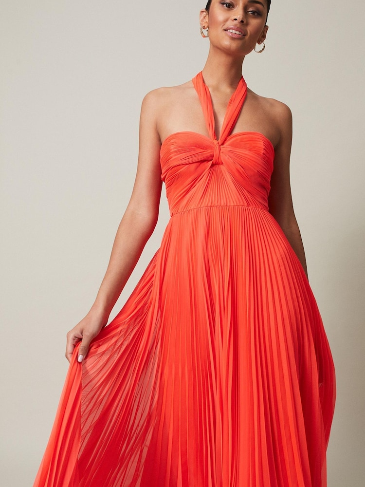 Phase Eight - Orange Evangeline Pleated Halterneck Maxi Dress (Size 10) - New