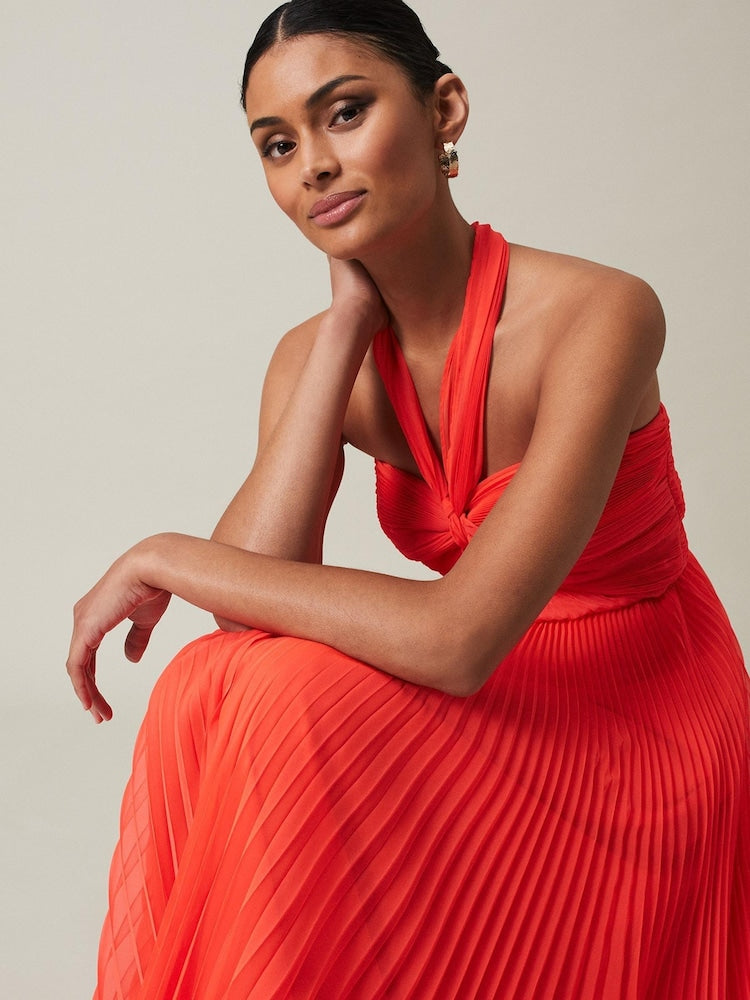 Phase Eight - Orange Evangeline Pleated Halterneck Maxi Dress (Size 10) - New
