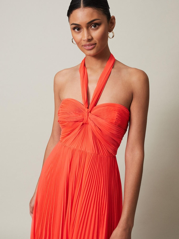 Phase Eight - Orange Evangeline Pleated Halterneck Maxi Dress (Size 10) - New