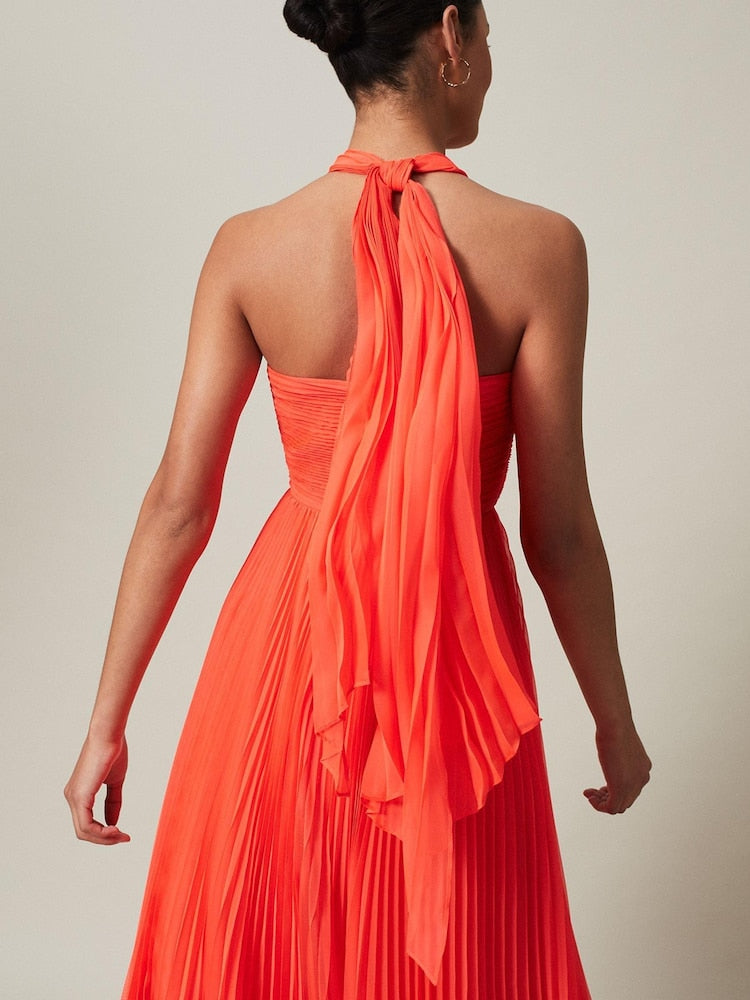 Phase Eight - Orange Evangeline Pleated Halterneck Maxi Dress (Size 10) - New