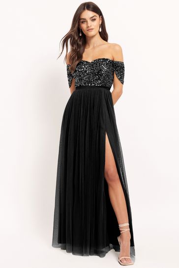Maya - Black Bardot Delicate Sequin Tulle Maxi Dress with Split (Size 12) - New