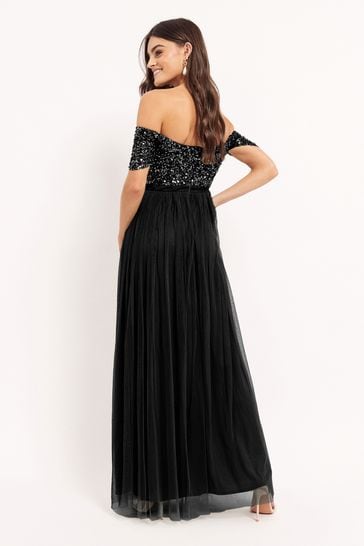 Maya - Black Bardot Delicate Sequin Tulle Maxi Dress with Split (Size 12) - New
