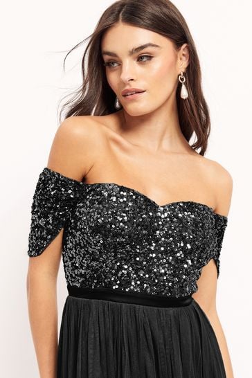 Maya - Black Bardot Delicate Sequin Tulle Maxi Dress with Split (Size 12) - New