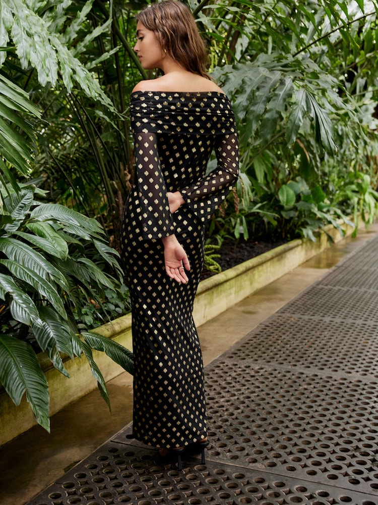 Next - Black and Gold Foil Bardot Maxi Mesh Dress - New