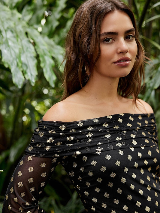 Next - Black and Gold Foil Bardot Maxi Mesh Dress - New