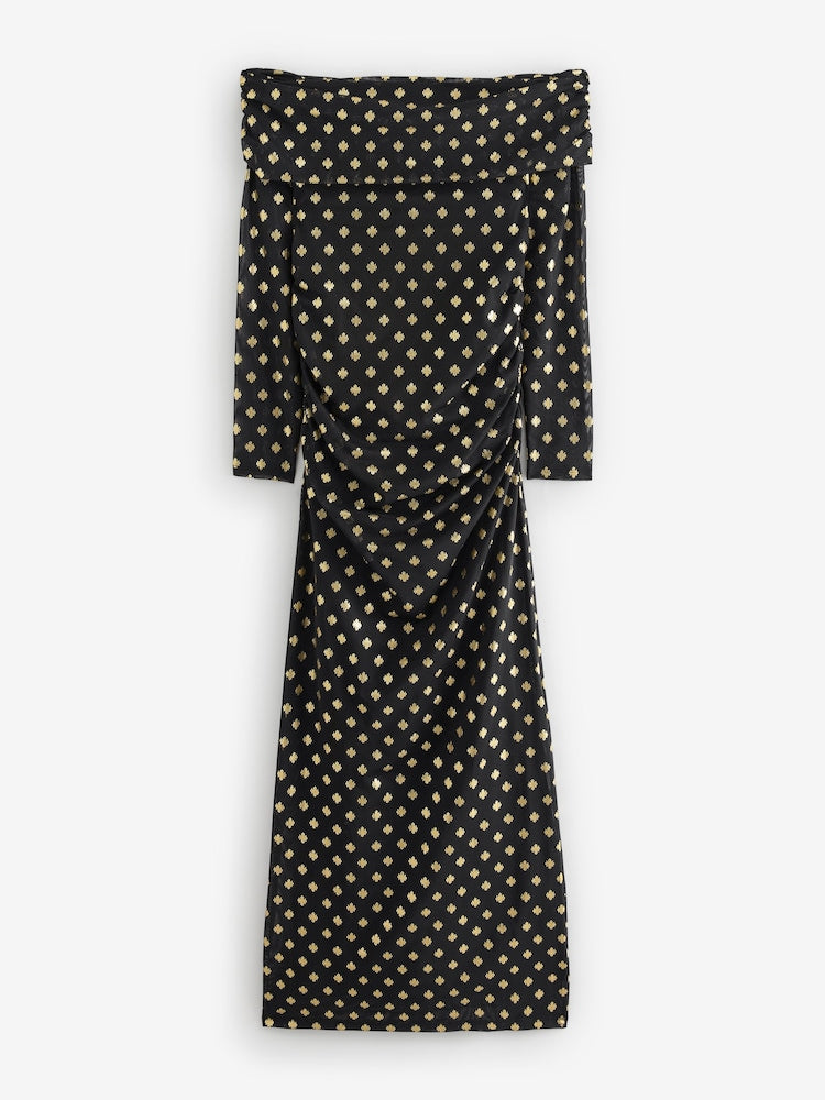 Next - Black and Gold Foil Bardot Maxi Mesh Dress - New
