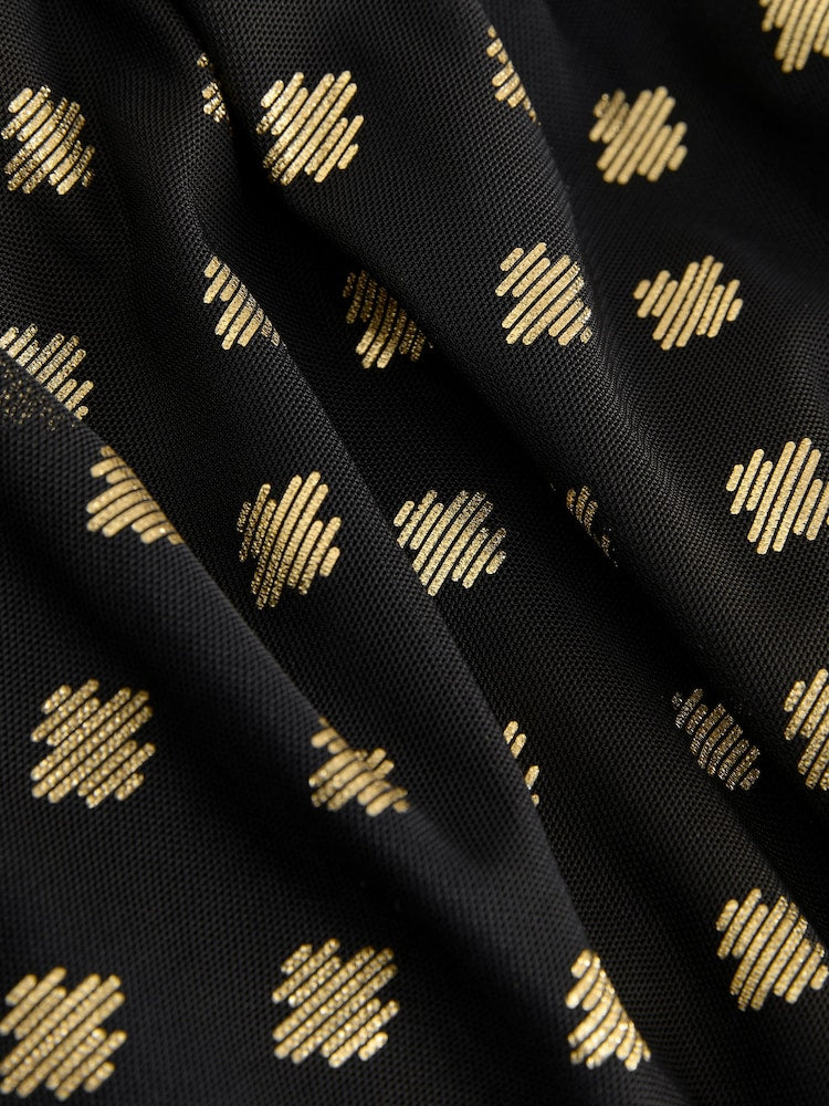 Next - Black and Gold Foil Bardot Maxi Mesh Dress - New