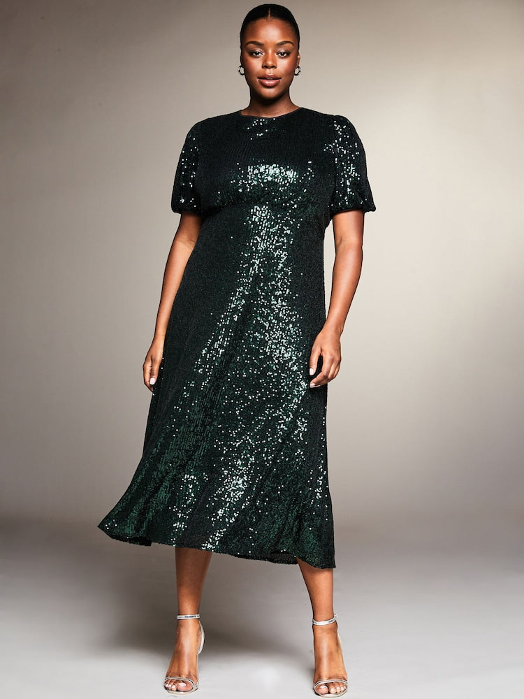Lipsy - Green Short Sleeve Sequin Underbust Midi Dress (Size 12) - New