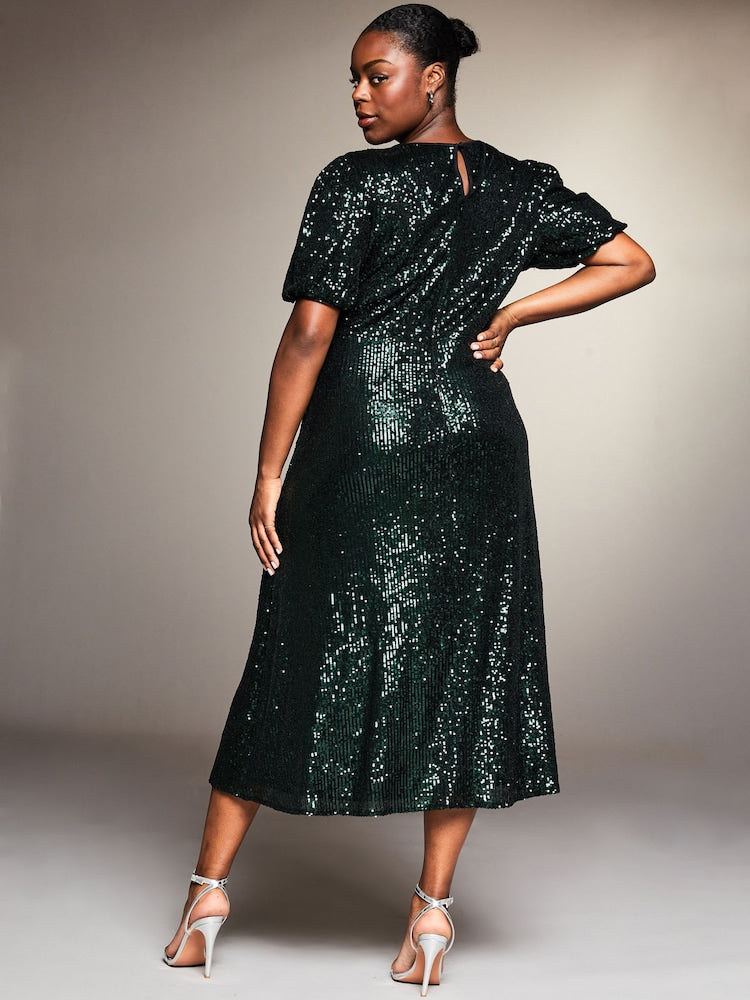 Lipsy - Green Short Sleeve Sequin Underbust Midi Dress (Size 12) - New