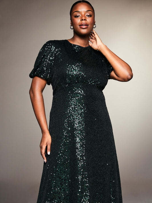 Lipsy - Green Short Sleeve Sequin Underbust Midi Dress (Size 12) - New