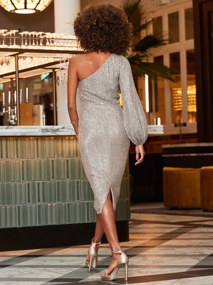 Sosandar - Silver Sequin One Sleeve Midi Dress (Size 6) - New