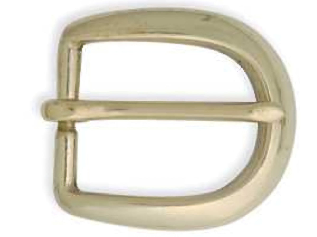 A polished brass belt buckle with a smooth, rounded D-shape profile and a single horizontal pin, shown on a plain white background.
