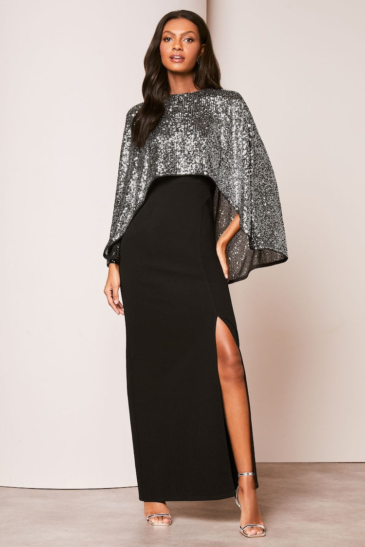Lipsy - Black Sequin Cape Maxi Dress (Size 8) - New