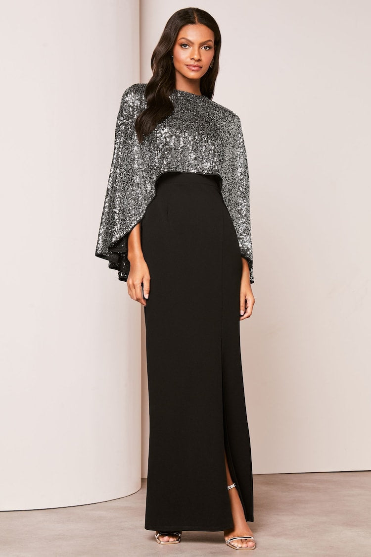 Lipsy - Black Sequin Cape Maxi Dress (Size 8) - New