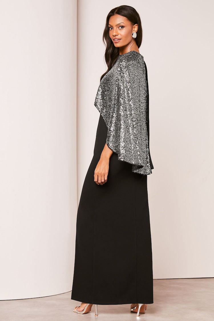 Lipsy - Black Sequin Cape Maxi Dress (Size 8) - New